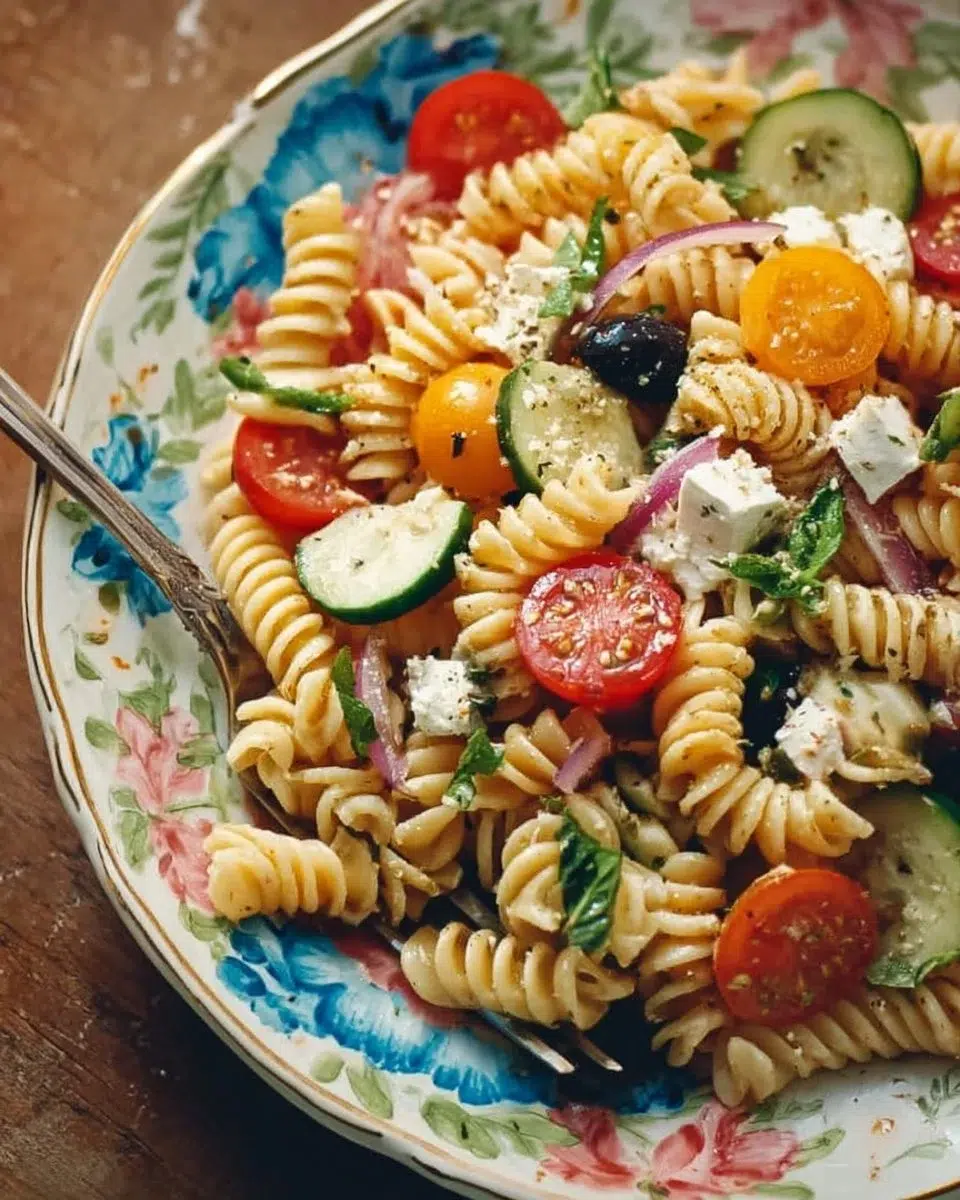 Protein-packed Greek pasta salad with vegetables and feta cheese