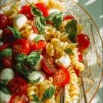 Vibrant Rainbow Caprese Pasta Salad with fresh tomatoes, mozzarella, and basil