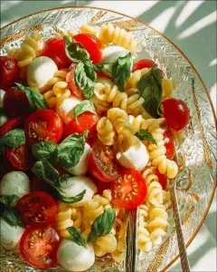 Vibrant Rainbow Caprese Pasta Salad with fresh tomatoes, mozzarella, and basil