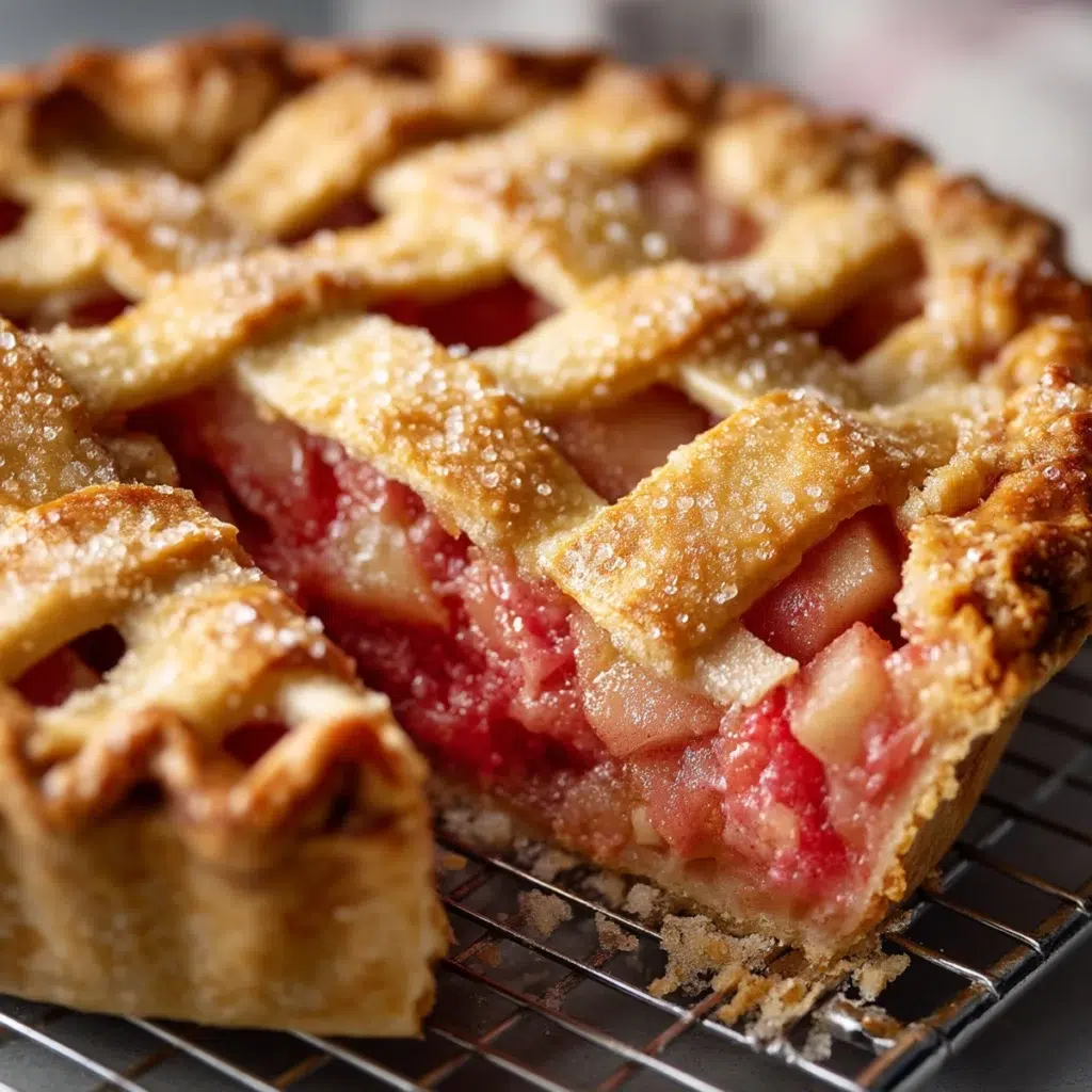 rhubarb pie recipe hero shot 45 degree angle on bright table