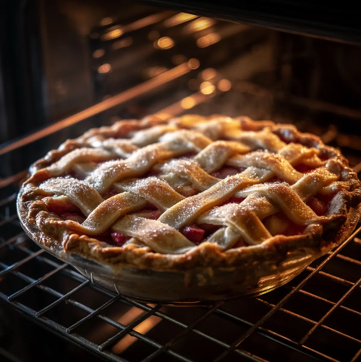 rhubarb pie baking in oven with filling bubbling through top crust vents deep amber color at 350 degrees