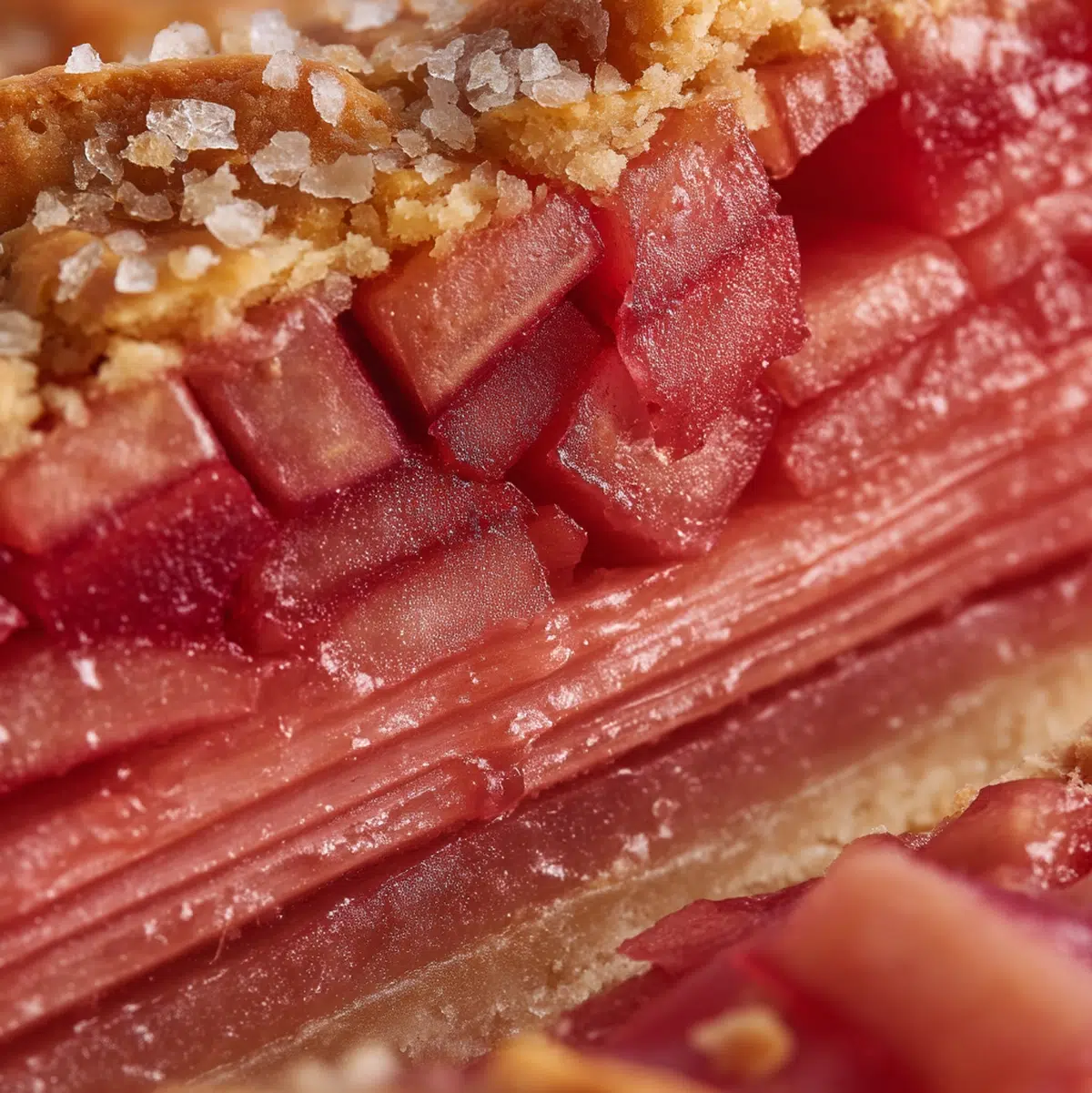 close up detail shot of rhubarb pie filling texture showing set jammy pink filling with clean slice edge