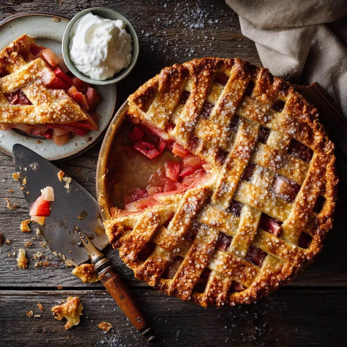 rhubarb pie slice served on white plate with vanilla ice cream and fresh mint on a wooden table - rhubarb pie recipe