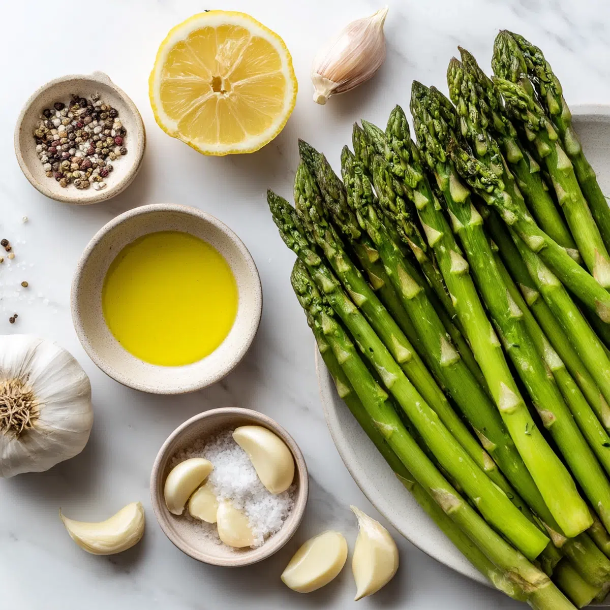 ingredients for roasted asparagus recipe arranged in prep bowls overhead view