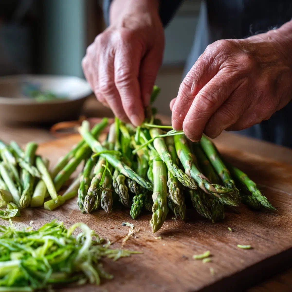 hands preparing roasted asparagus recipe on a cutting board kitchen scene