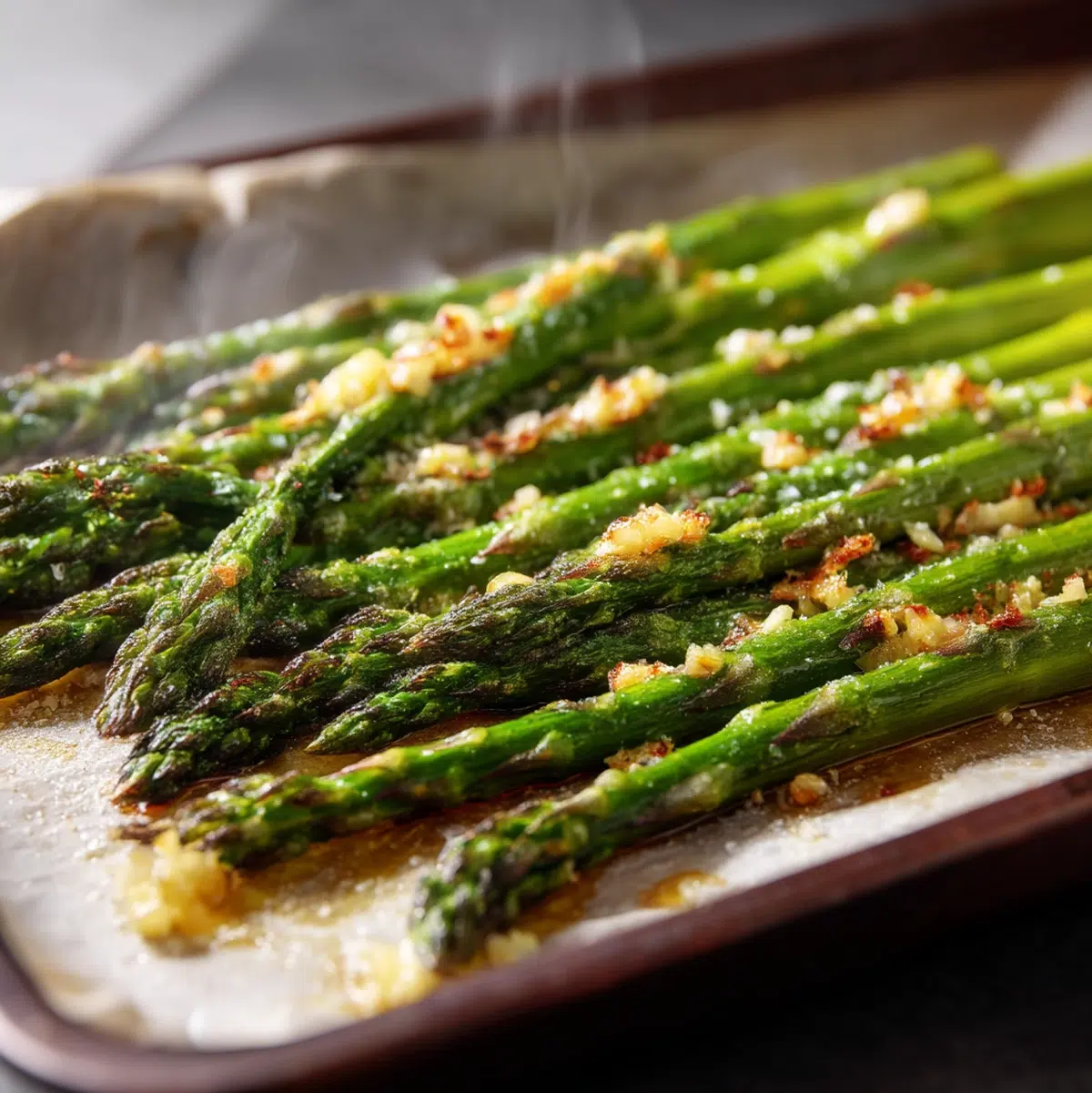 roasted asparagus recipe cooking in a pan with steam rising on stovetop