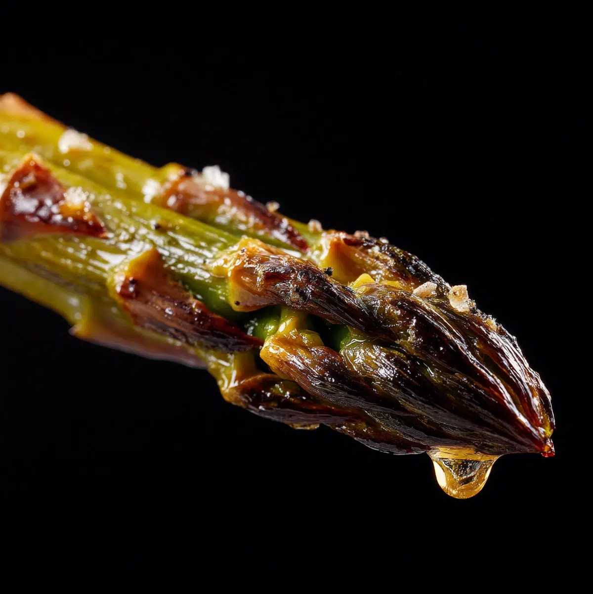 close up macro shot of roasted asparagus recipe showing texture and seasoning