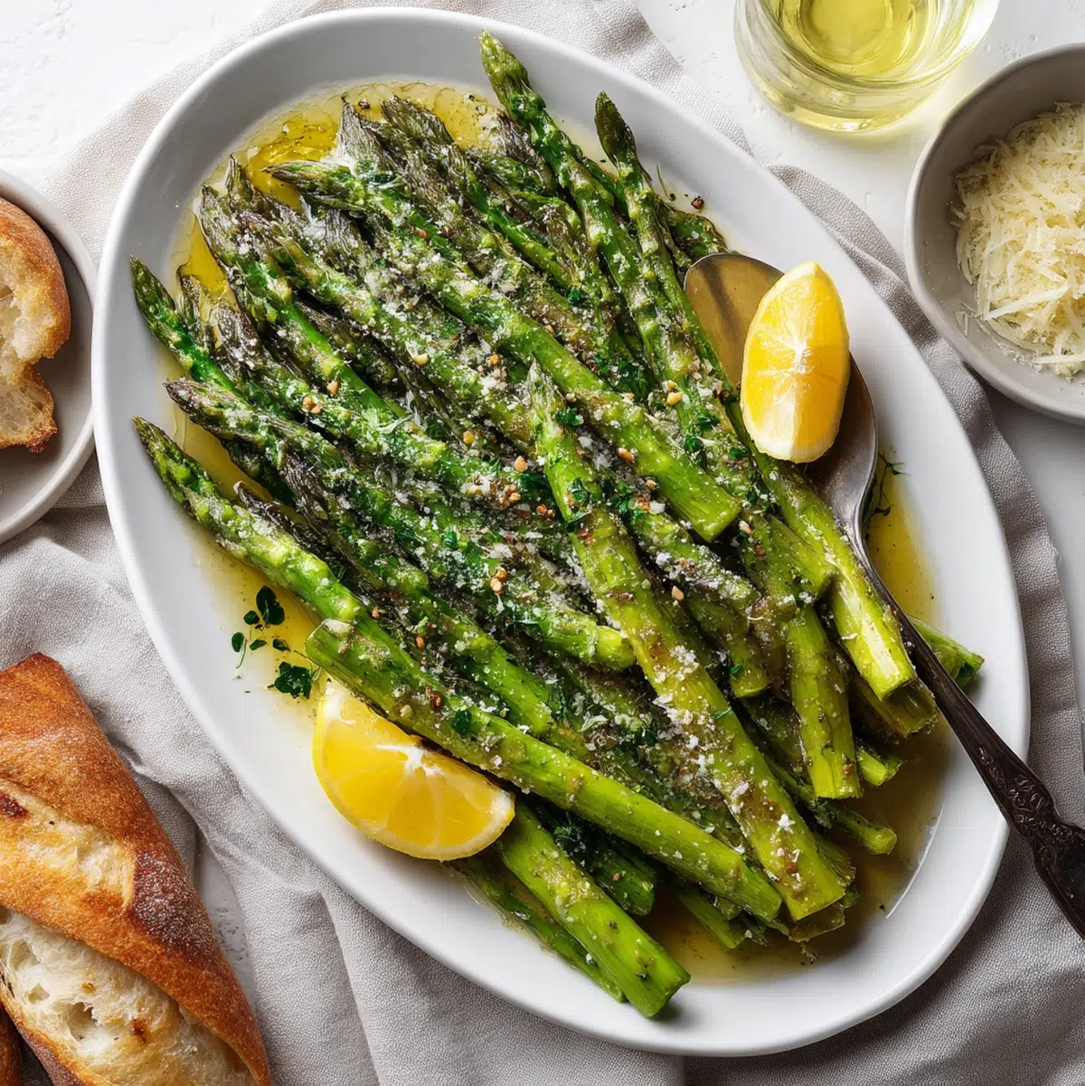 roasted asparagus recipe served on a table with side dishes bright kitchen