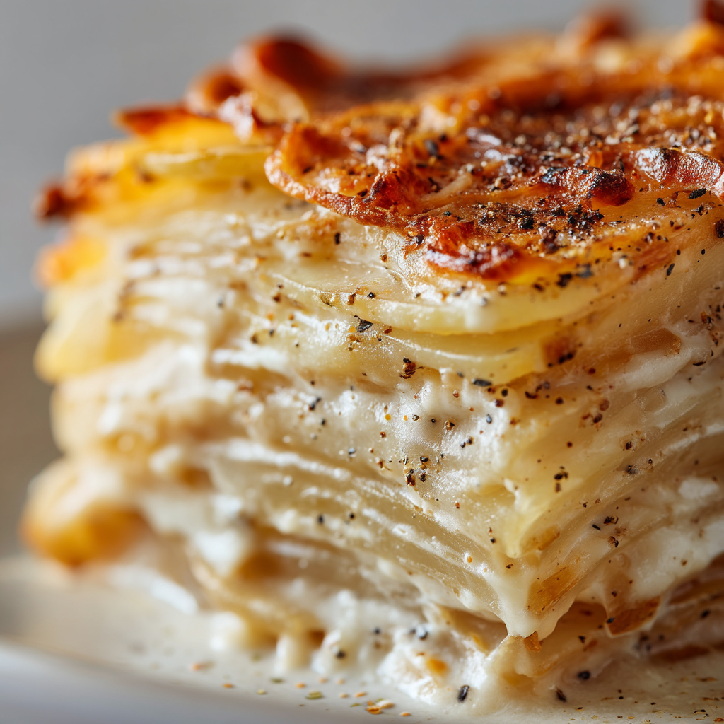 Close-up of creamy scalloped potato layers showing the sauce clinging between each slice - scalloped potatoes recipe