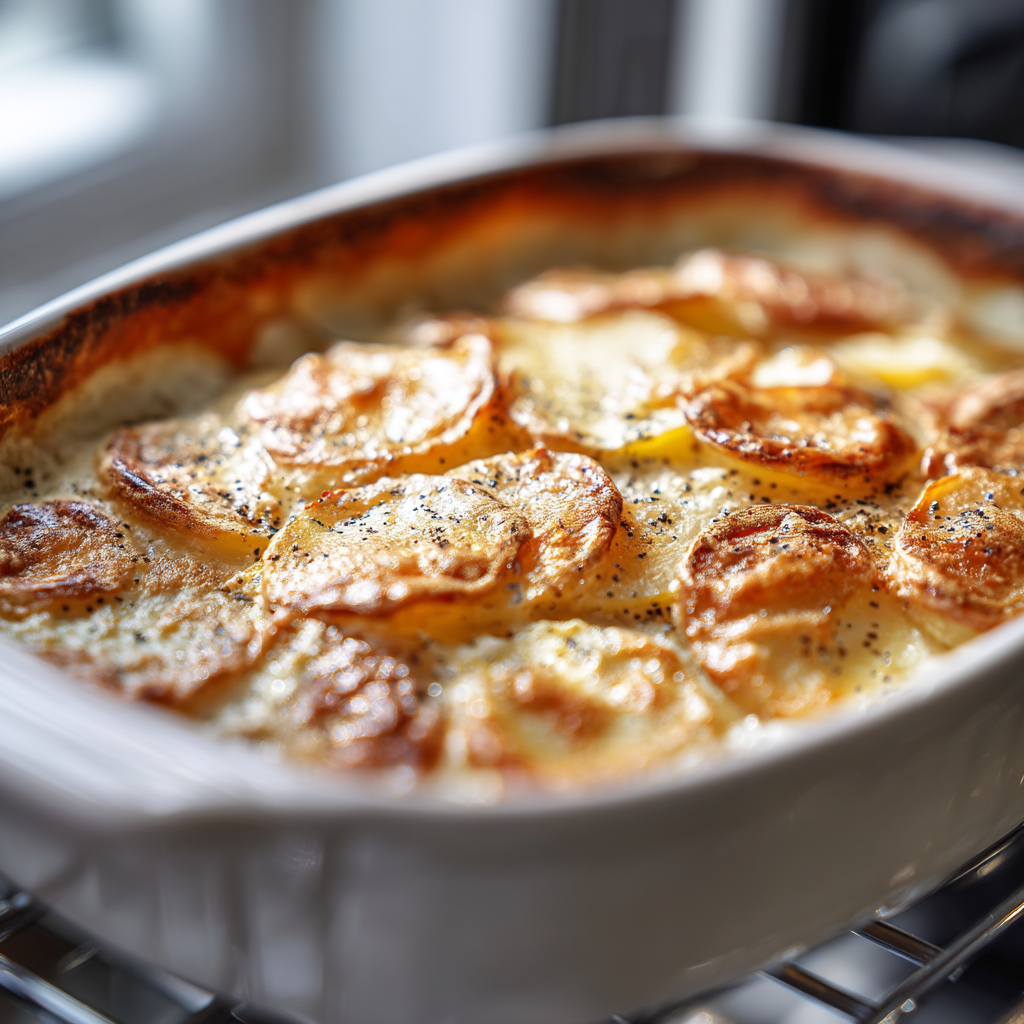 Scalloped potatoes being layered with cream sauce in a baking dish before going into the oven - scalloped potatoes recipe