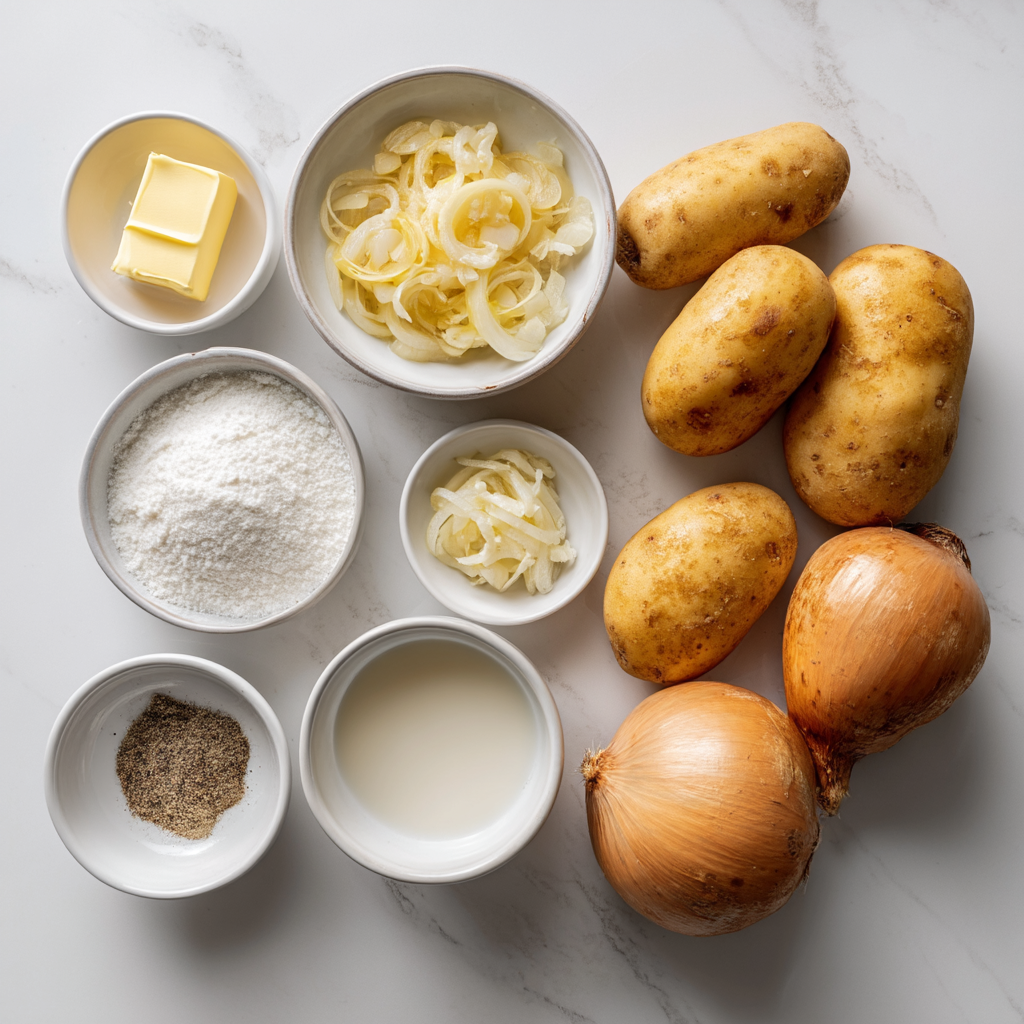 Scalloped potatoes recipe ingredients arranged on a cutting board including Yukon Gold potatoes, butter, flour, milk, and chicken broth