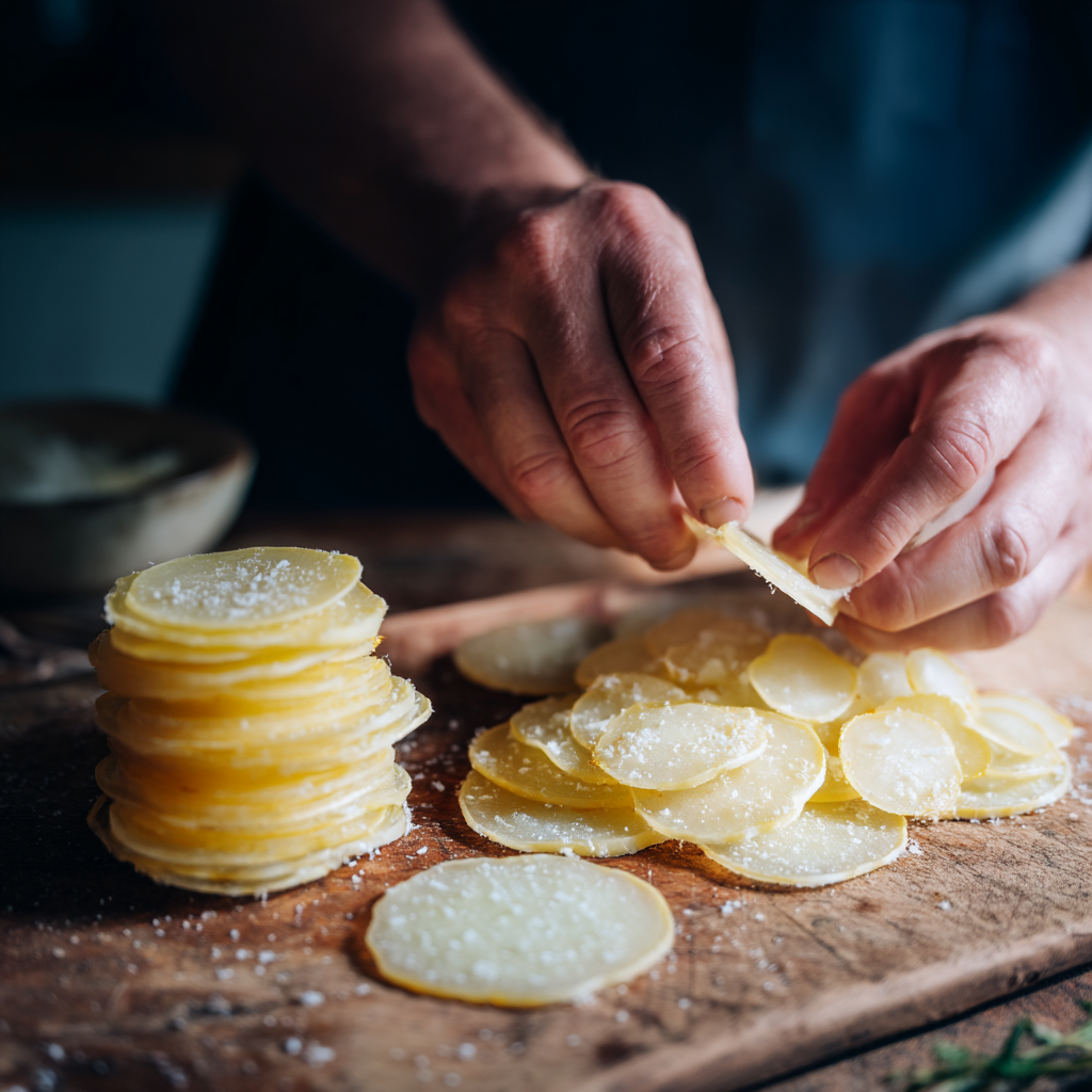 Hands slicing Yukon Gold potatoes on a mandoline for scalloped potatoes - scalloped potatoes recipe