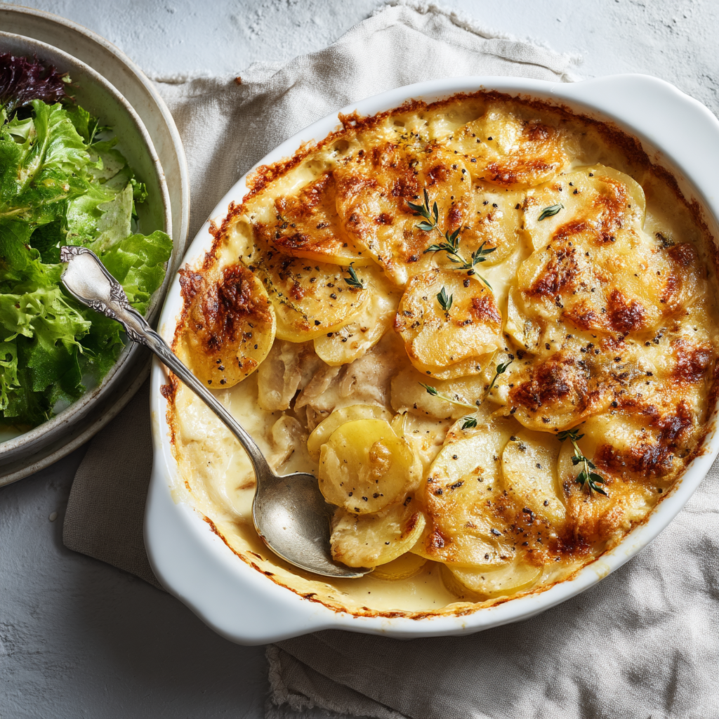 Scalloped potatoes served on a dinner table alongside roasted vegetables and a main protein - scalloped potatoes recipe