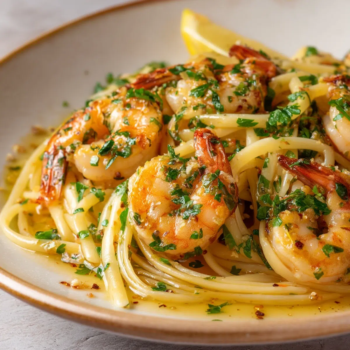 shrimp scampi recipe hero shot 45 degree angle on bright table