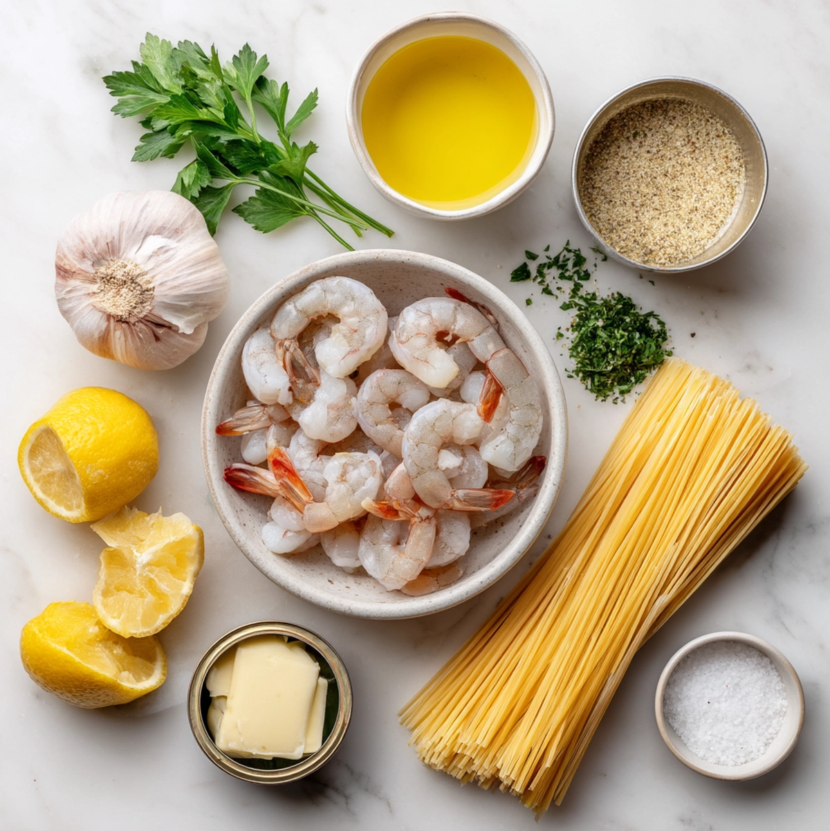 flat lay of shrimp scampi ingredients including shrimp, garlic, butter, lemon, parsley, and olive oil on a wooden board