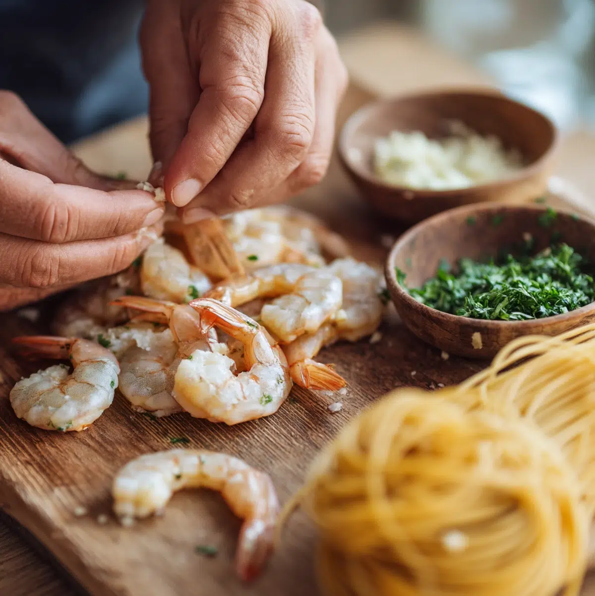 hands patting shrimp dry on cutting board before seasoning for shrimp scampi recipe preparation