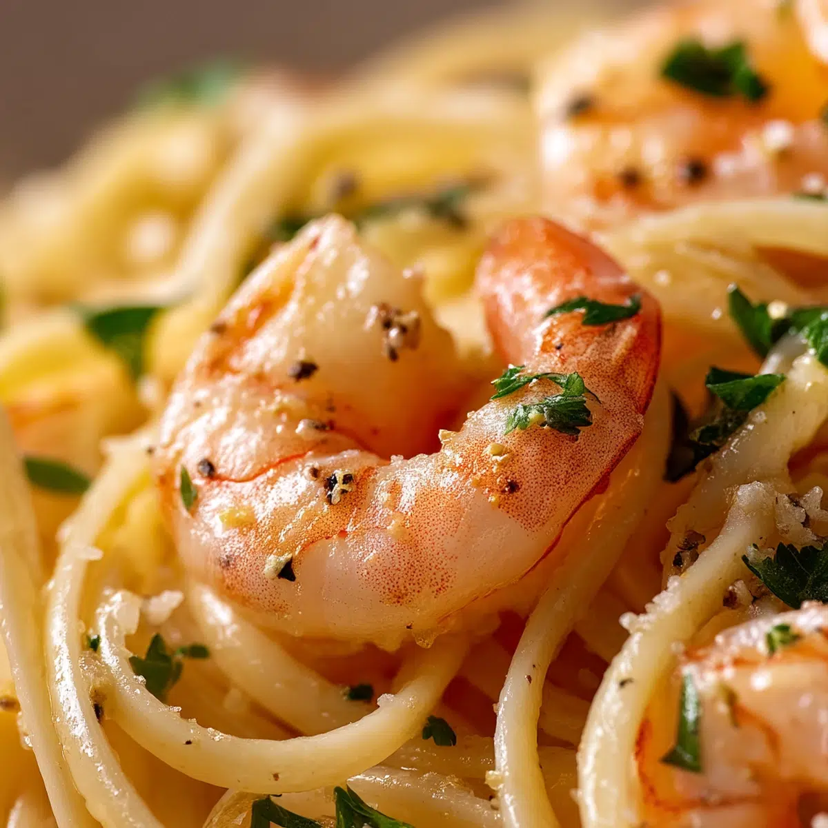close-up of glossy garlic butter sauce coating shrimp with fresh parsley in a shrimp scampi dish