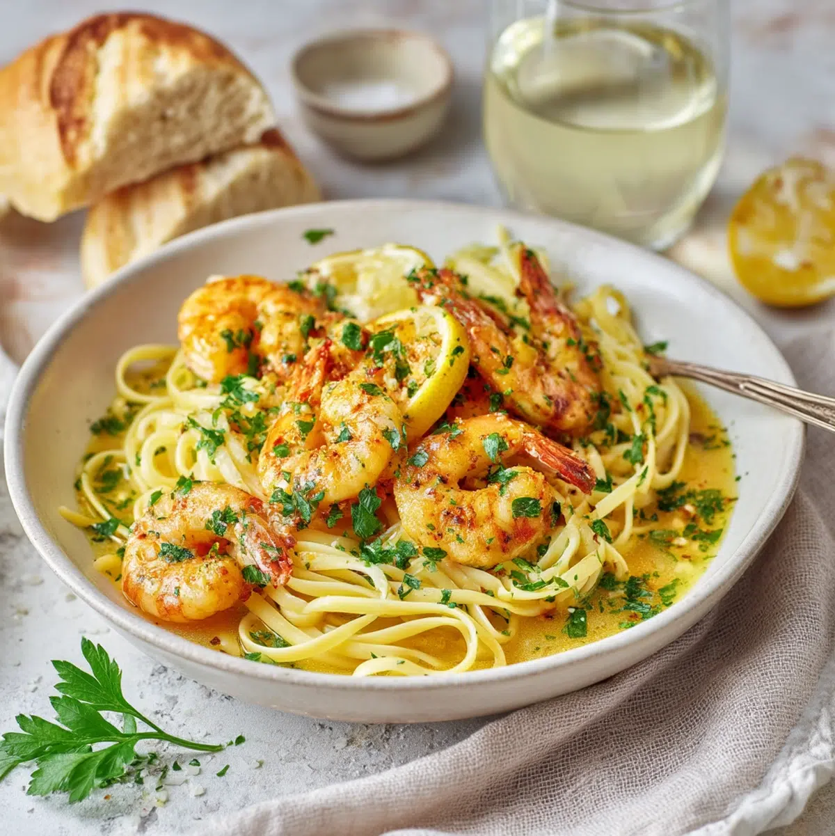 shrimp scampi recipe served over pasta at table with lemon wedges, parsley garnish, and side salad