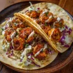 shrimp tacos recipe hero shot 45 degree angle on bright table