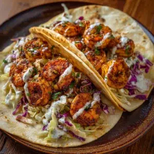 shrimp tacos recipe hero shot 45 degree angle on bright table