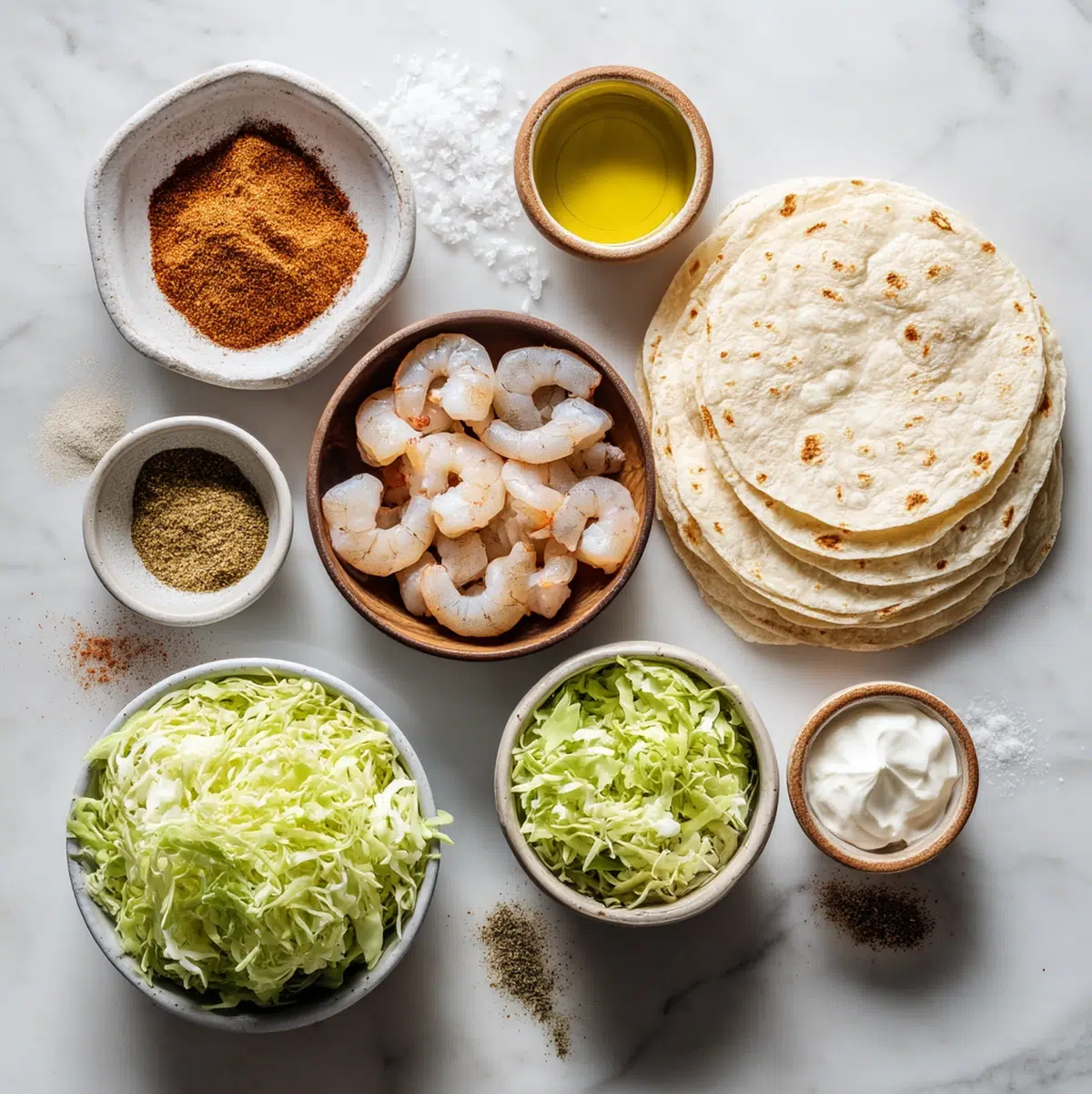 shrimp tacos recipe ingredients flat lay with shrimp, tortillas, cabbage, lime, avocado, and spices on a white surface