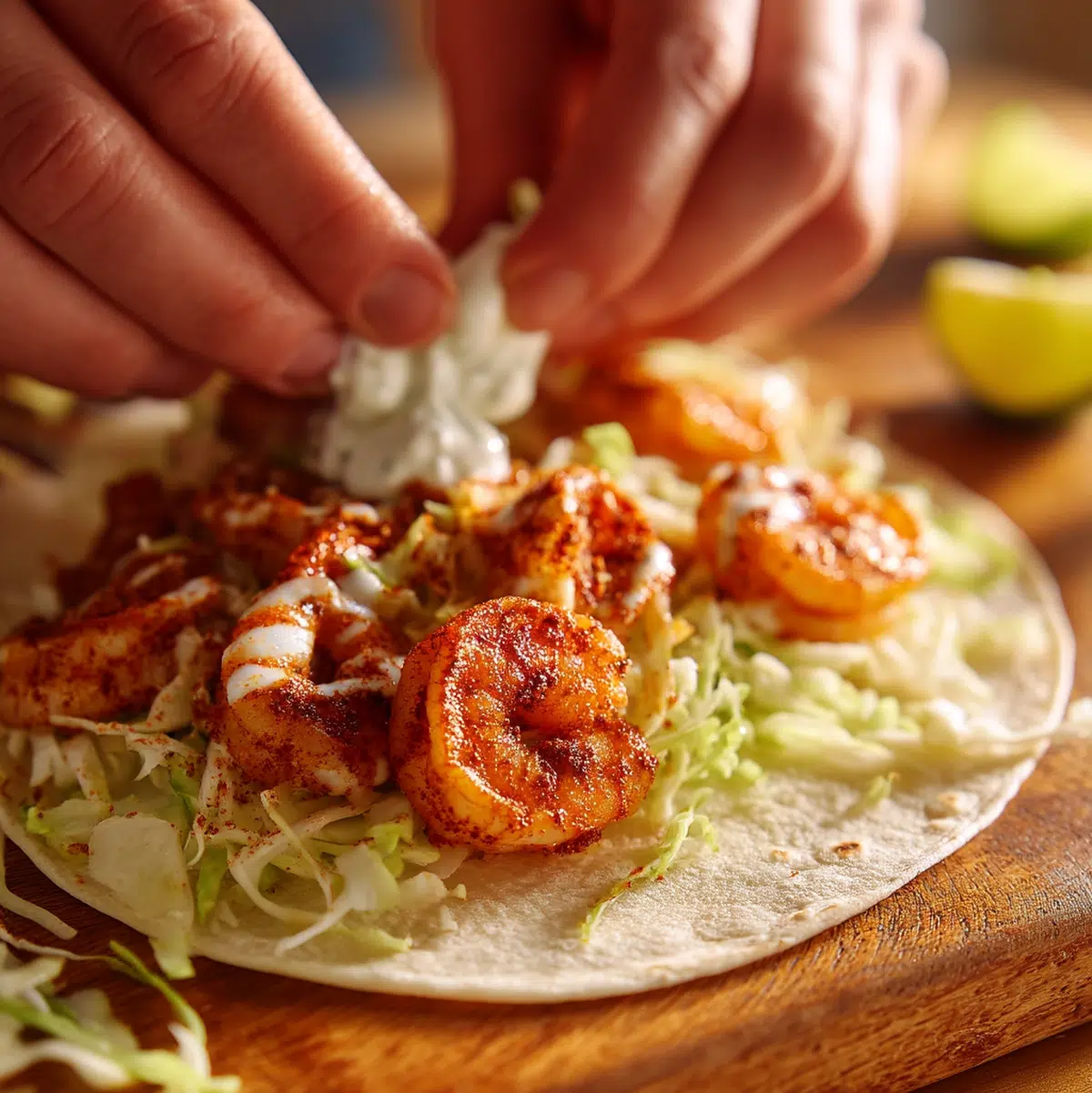 hands tossing raw shrimp with chili powder cumin and garlic in a white mixing bowl for shrimp tacos recipe