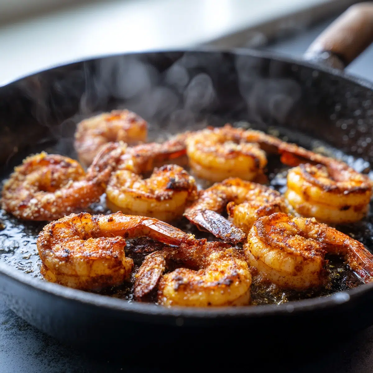 shrimp sizzling in cast iron skillet turning pink and orange during cooking transformation - shrimp tacos recipe