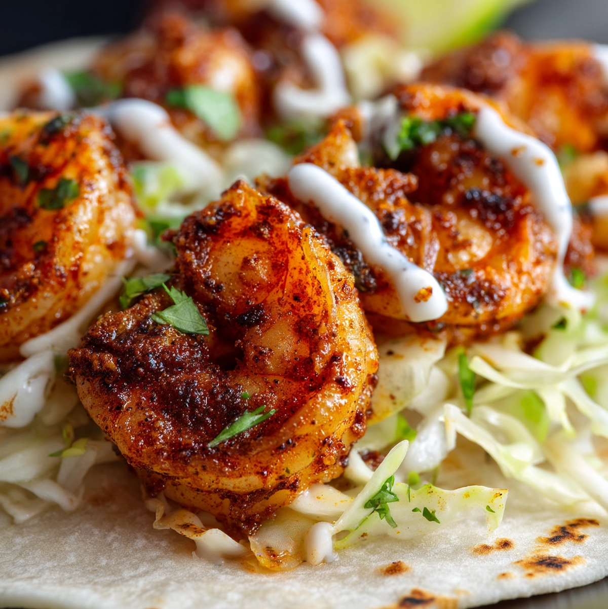 close up detail of seasoned seared shrimp with char marks and vibrant spice crust on cast iron surface