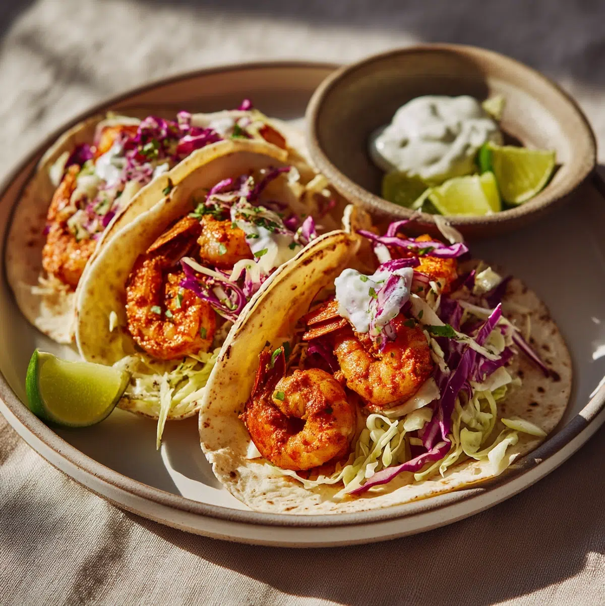 shrimp tacos recipe served on a table with lime wedges, cilantro, Mexican street corn, and shrimp cocktail side dishes