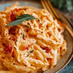Plate of Silky Tomato Ricotta Pasta garnished with fresh herbs