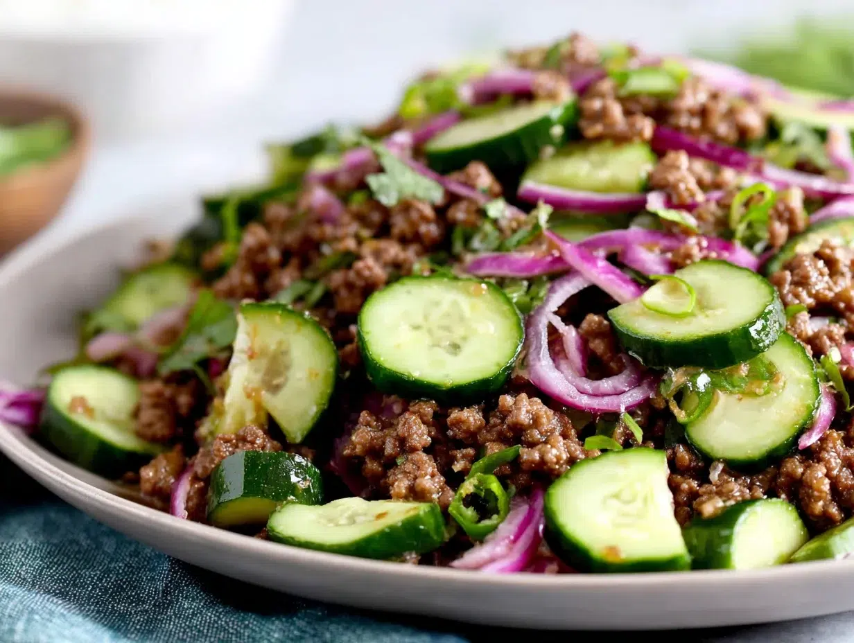 Spicy Korean Ground Beef Cucumber Salad Recipe (Easy Dinner) 6 Close-up showing texture, garnish, and plating details