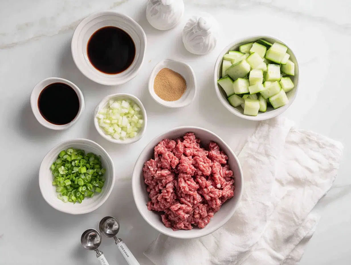 Spicy Korean Ground Beef Cucumber Salad Recipe (Easy Dinner) 3 All ingredients measured and laid out on a cutting board