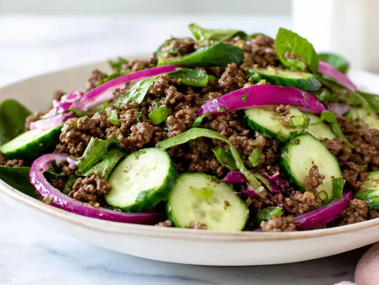 Spicy Korean Ground Beef Cucumber Salad Recipe (Easy Dinner) 2 Spicy Korean Ground Beef with Cucumber Salad fresh and ready to serve