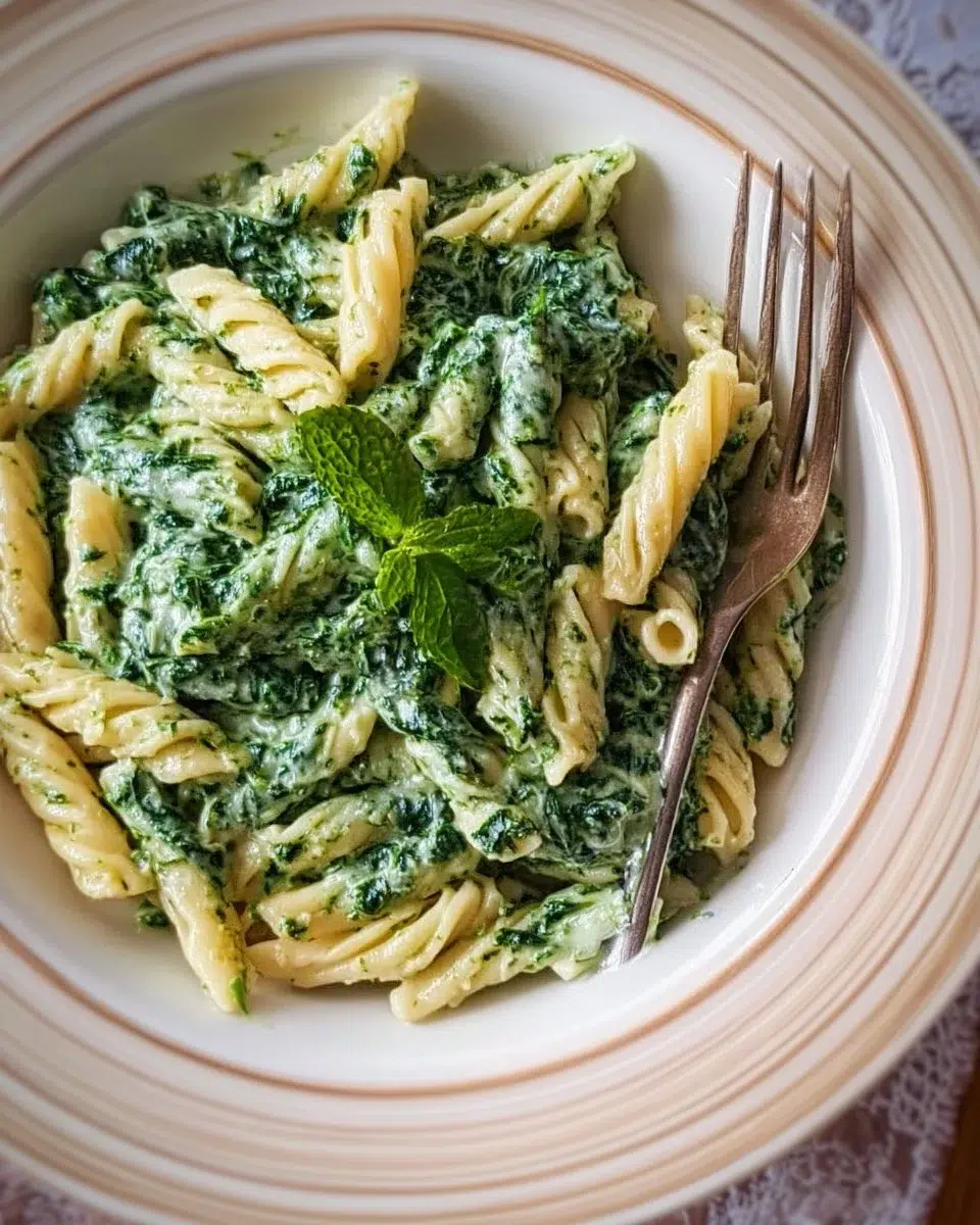 Delicious spinach-sauce pasta garnished with herbs and served in a bowl.