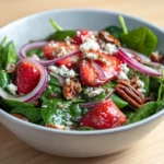 spinach strawberry salad recipe hero shot 45 degree angle on bright table