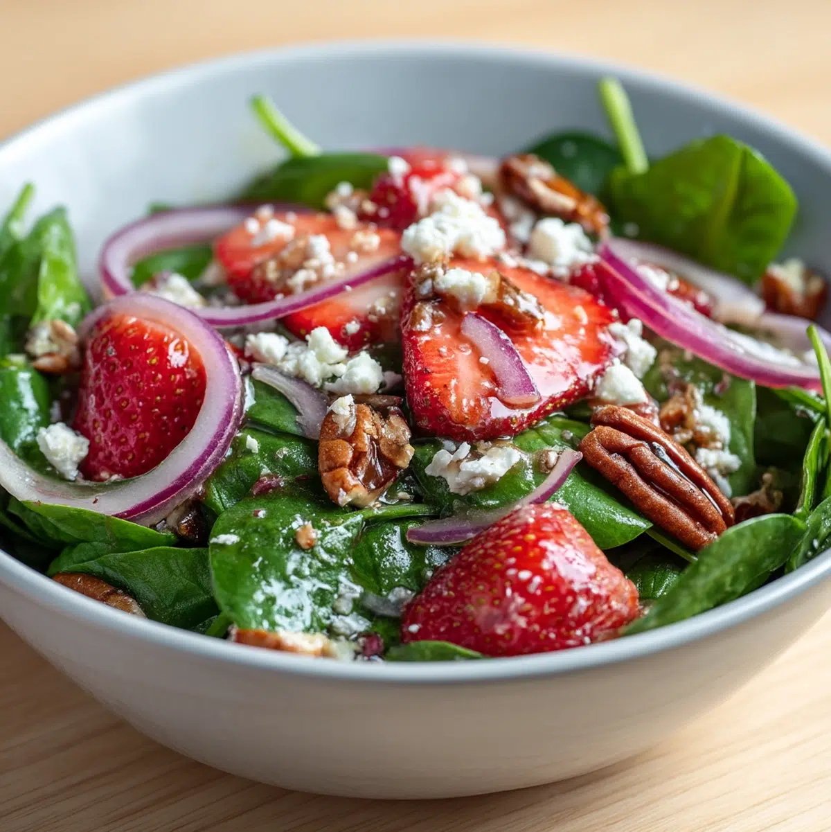 spinach strawberry salad recipe hero shot 45 degree angle on bright table