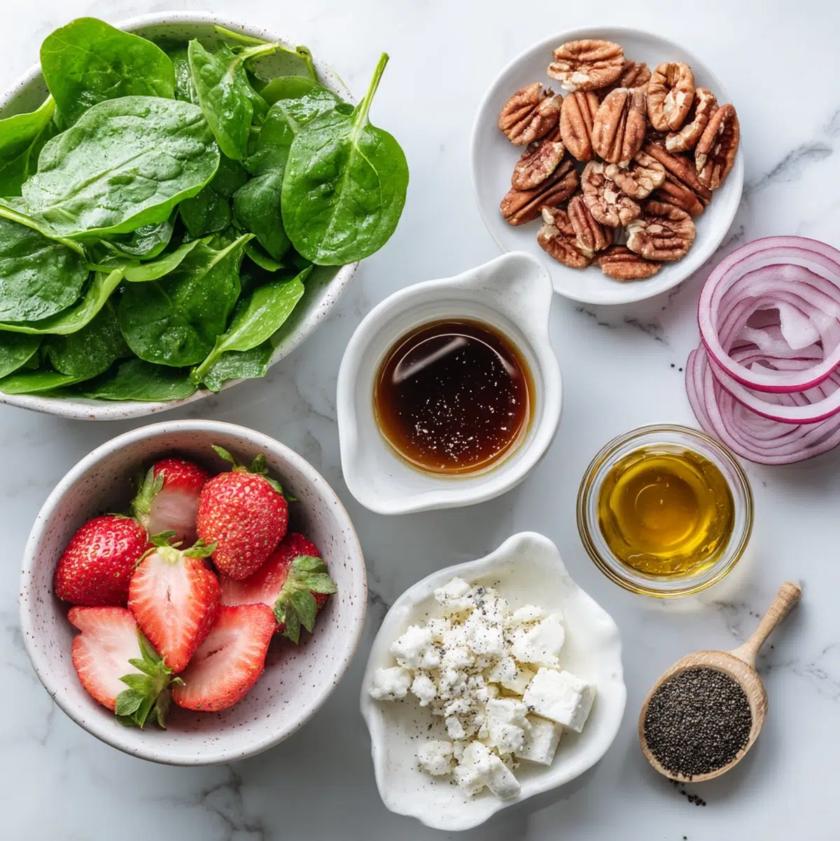 Spinach strawberry salad recipe ingredients arranged on a marble board including baby spinach, quartered strawberries, pecans, feta, balsamic vinegar, and poppy seeds