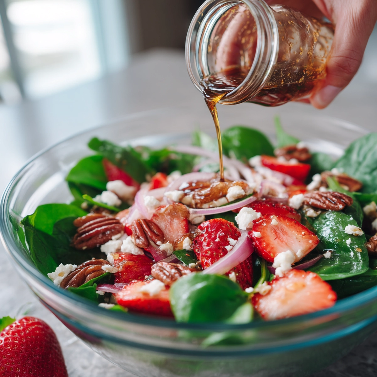 Hands slicing red onion paper-thin on a cutting board for a spinach strawberry salad