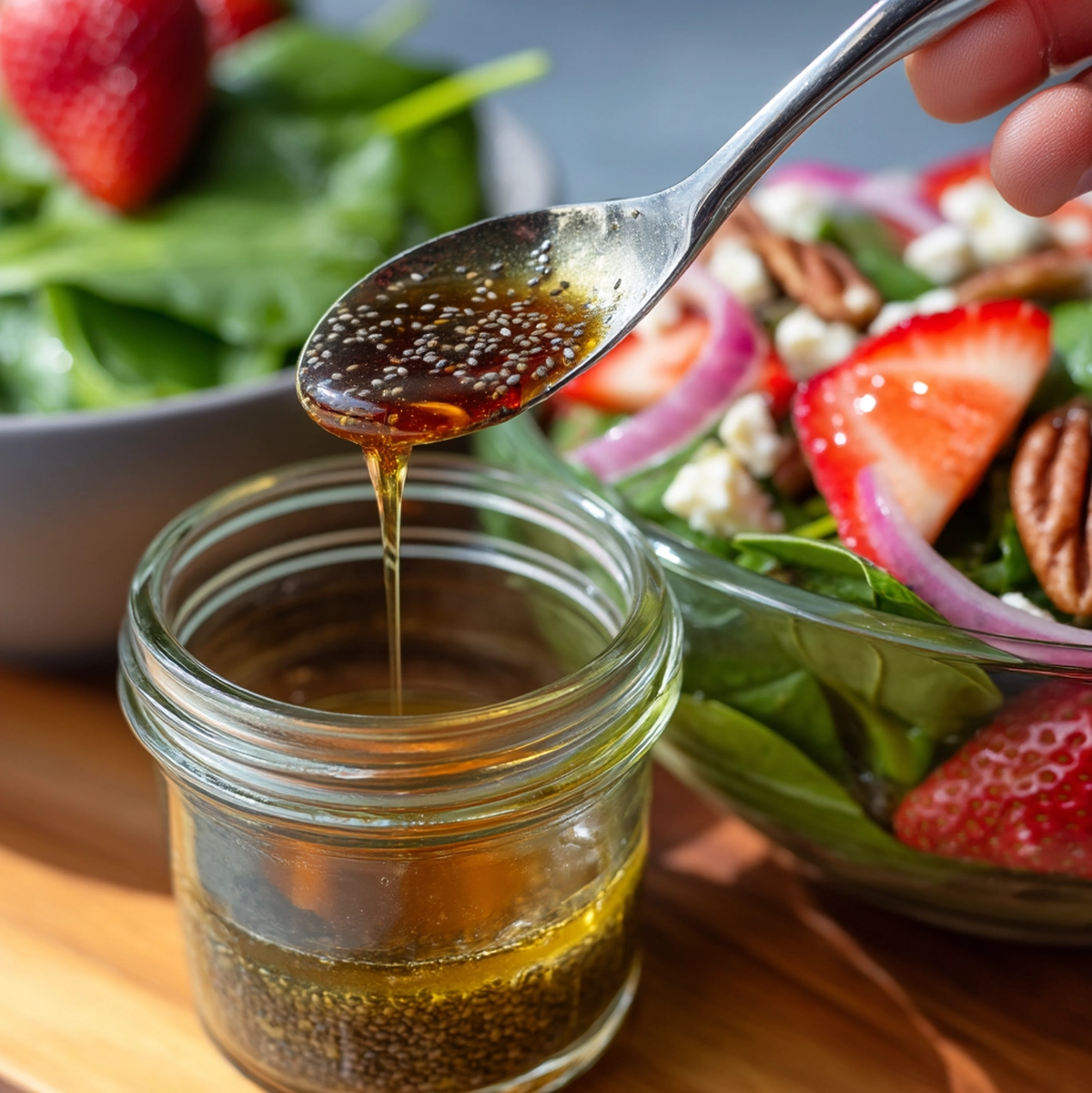 Balsamic poppy seed dressing being whisked in a bowl showing emulsified texture for spinach strawberry salad