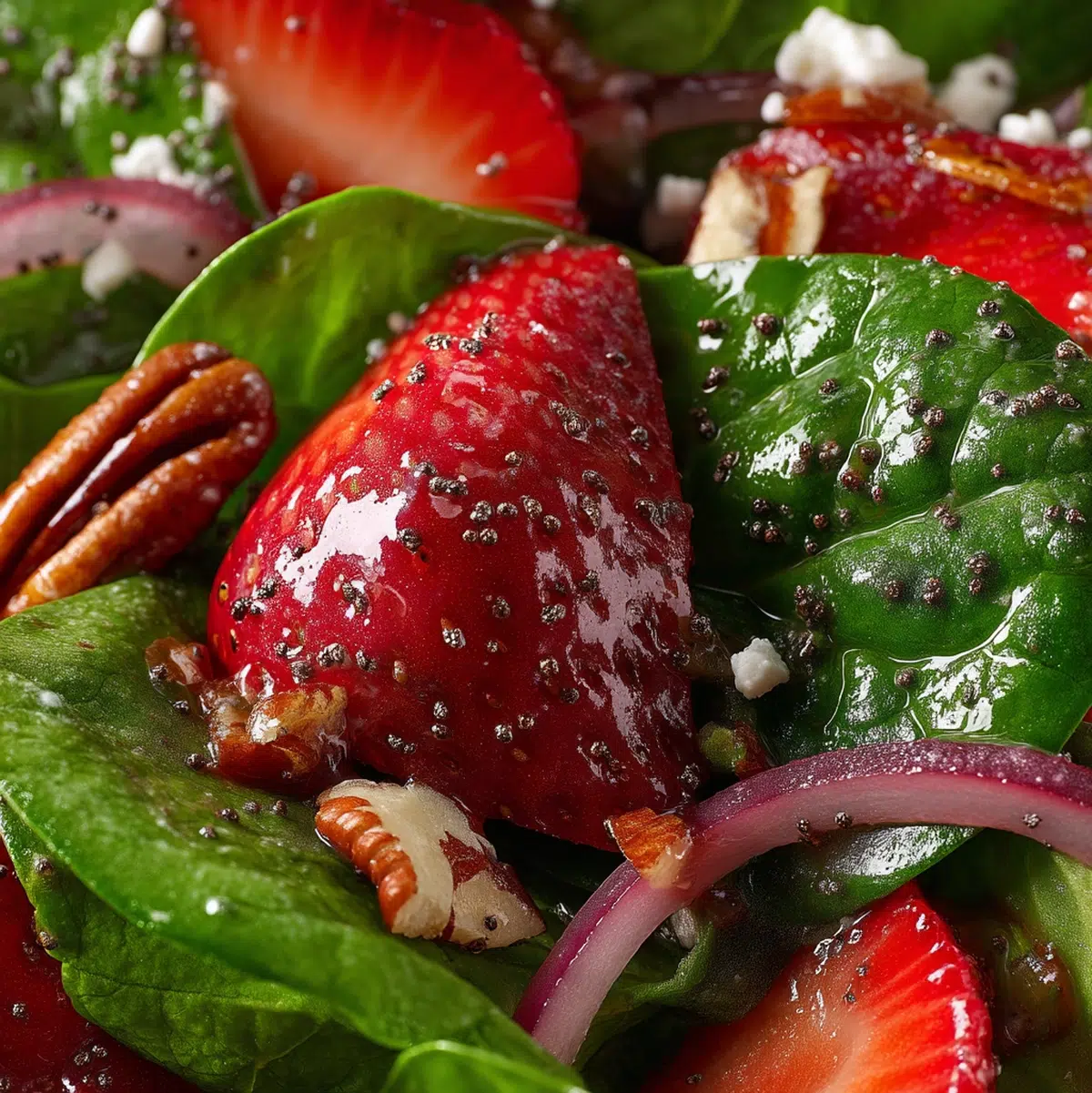 Close-up of toasted pecan halves showing golden tan color alongside crumbled feta and poppy seeds
