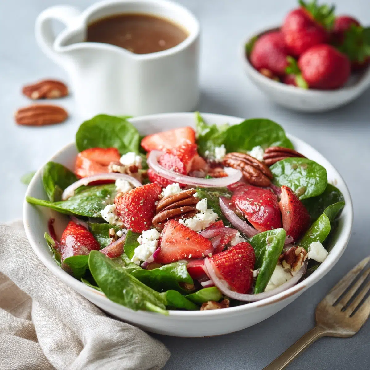 Spinach strawberry salad served on a white platter at a spring table with linen napkins and glasses of water