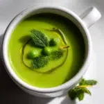 spring pea soup recipe hero shot 45 degree angle on bright table