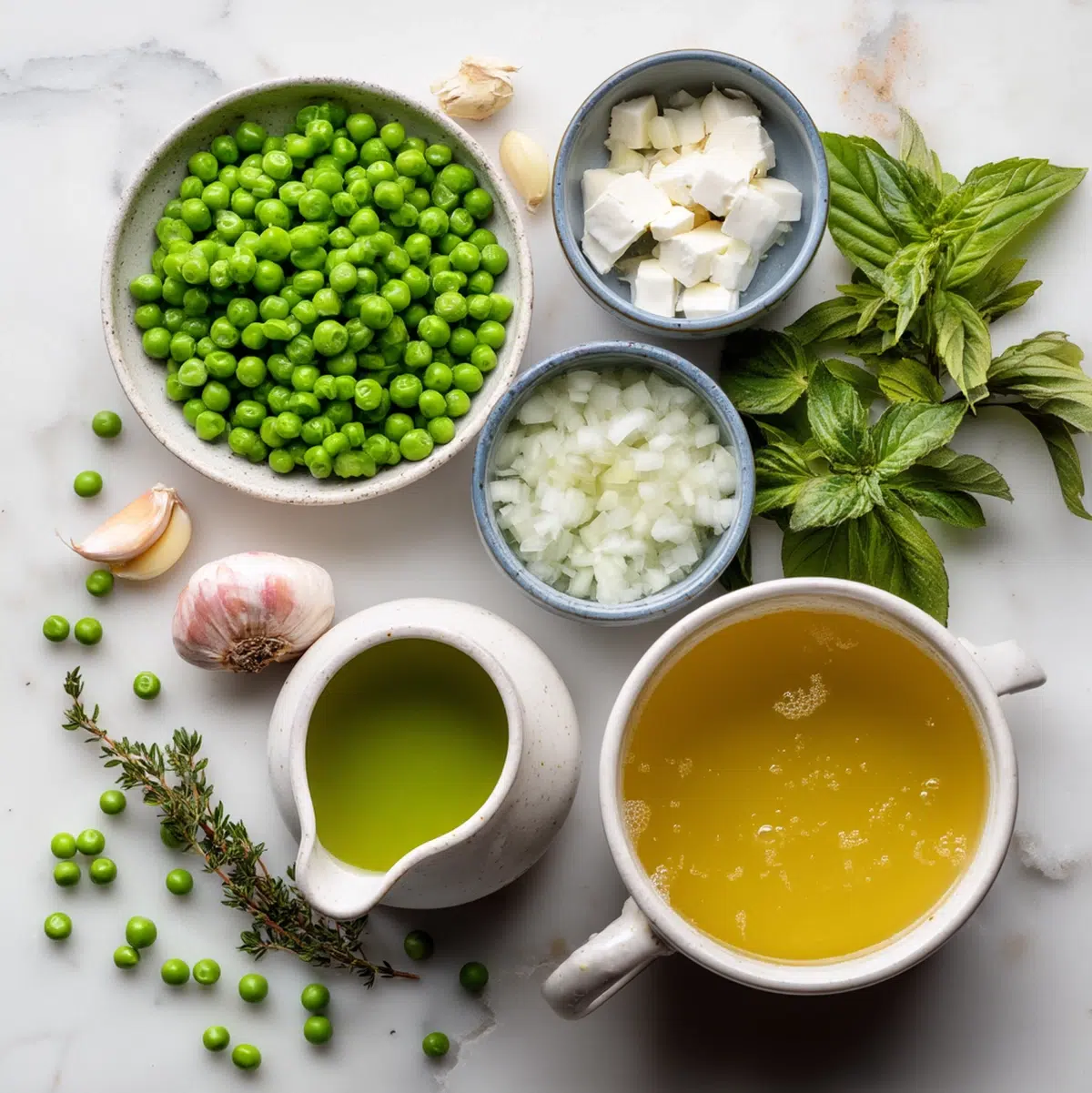 Spring pea soup recipe ingredients flat lay with peas, onion, garlic, vegetable broth, cream, and fresh herbs