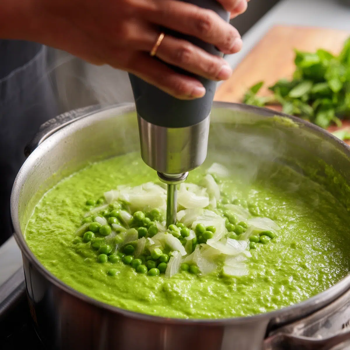 Hands sautéing diced onion and garlic in a pot for spring pea soup - spring pea soup recipe