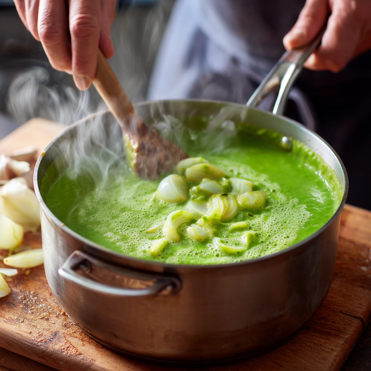 Hands dicing an onion on a wooden cutting board for spring pea soup preparation - spring pea soup recipe