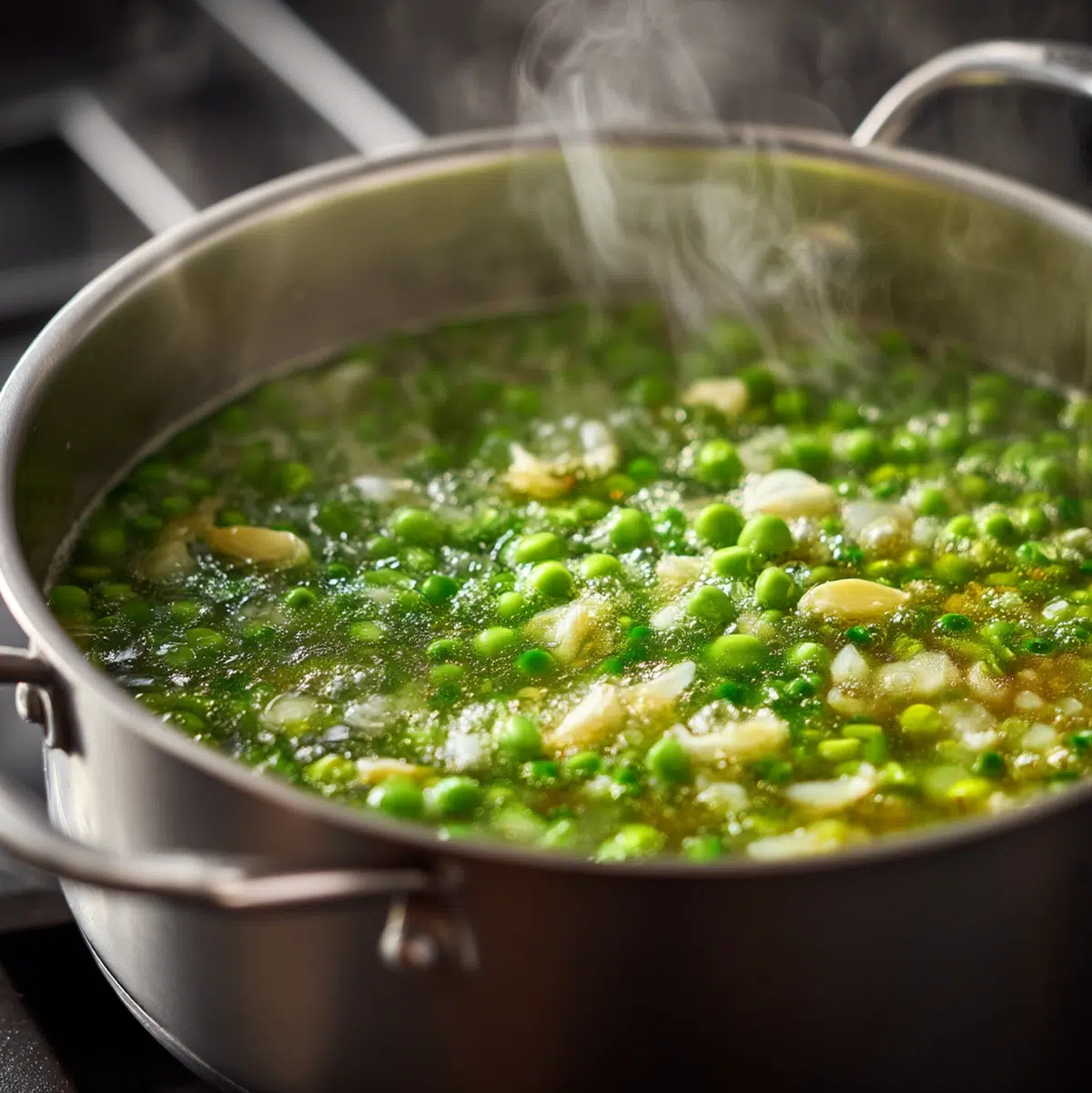 Immersion blender pureeing spring pea soup in a pot showing bright green color - spring pea soup recipe