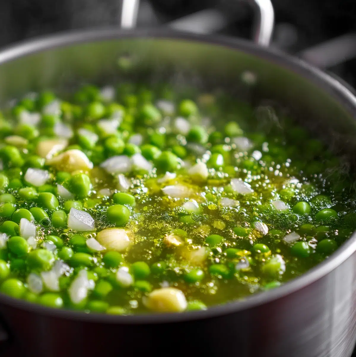 Peas simmering in vegetable broth in a large soup pot showing the bright green cooking transformation