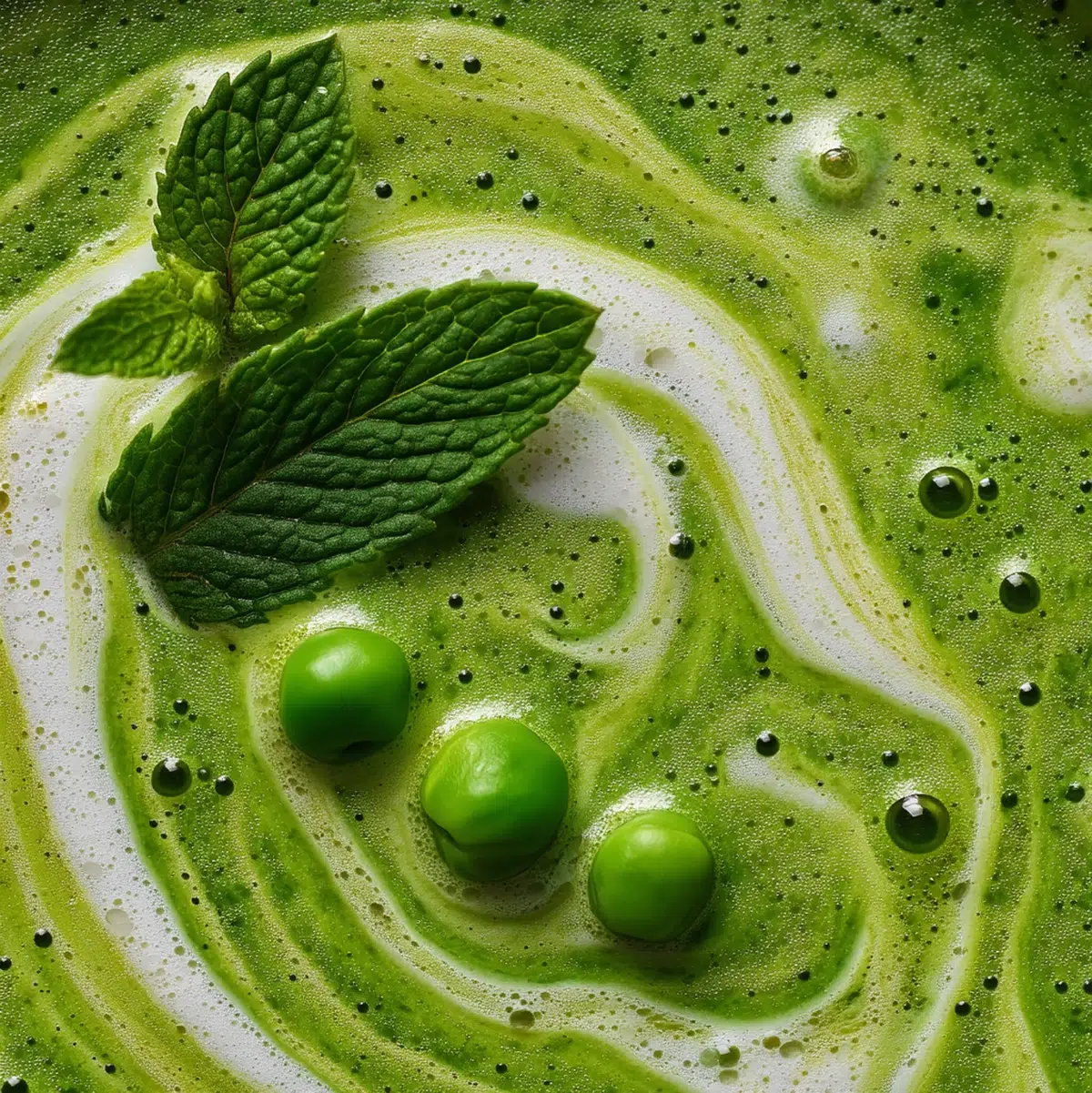 Close-up of spring pea soup texture showing smooth bright green surface with herb garnish - spring pea soup recipe