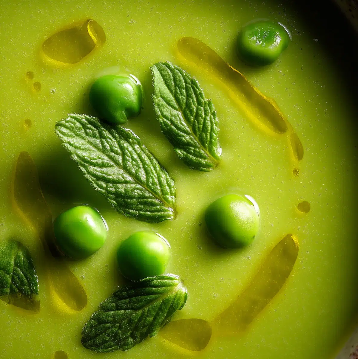Close-up of vibrant green spring pea soup texture showing smooth, silky consistency - spring pea soup recipe