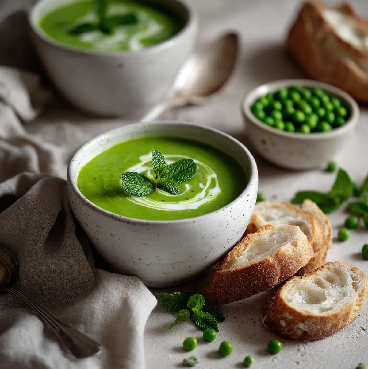 Bowl of spring pea soup on a table with crusty bread and fresh herbs - spring pea soup recipe
